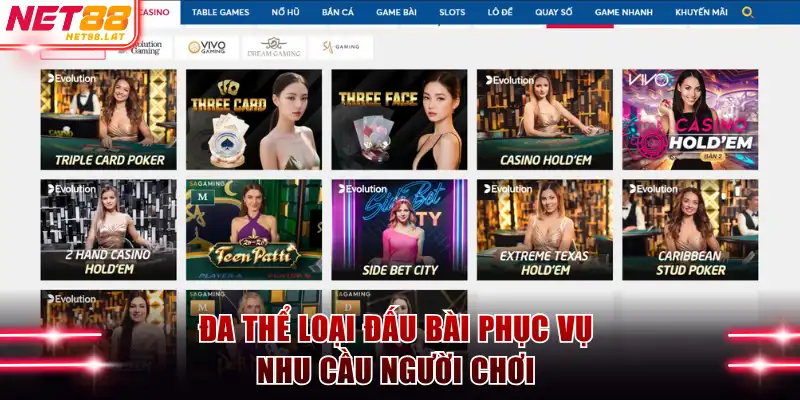 Poker NET88 - Đấu Trí Đẳng Cấp Hội Tụ Lão Làng So Tài 4 Đa thể loại đấu bài phục vụ nhu cầu người chơi